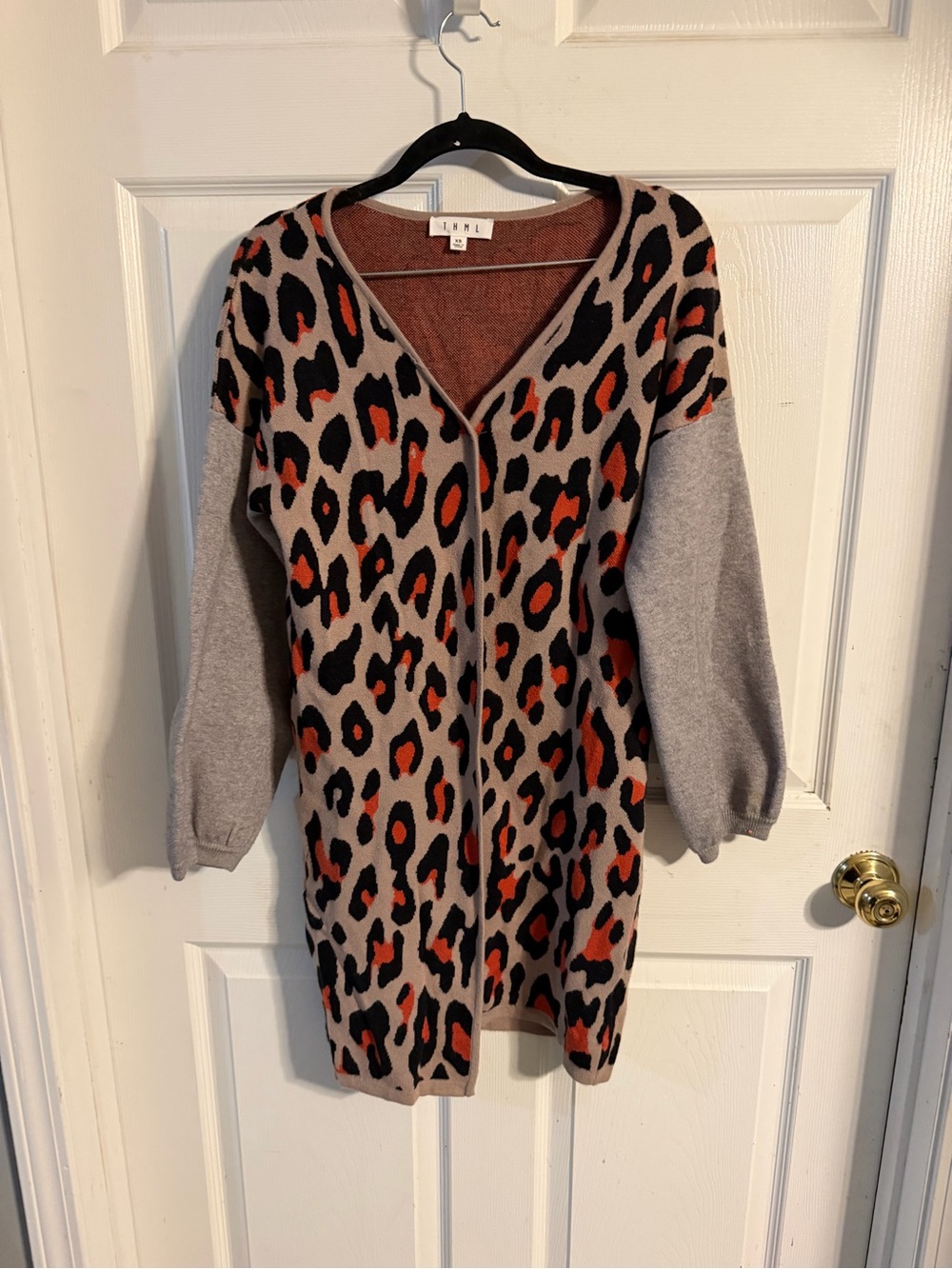 THML Taupe Leopard Print Long Cardigan Dress with Rust Accents oversized